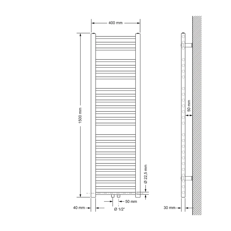 Badheizkörper Mittelanschluss 400x1500 mm Weiß gerade mit Wand Anschlussgarnitur LuxeBath