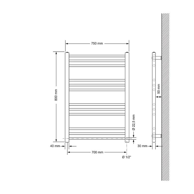 Badheizkörper Sahara 750x800 mm chrome gerade mit Seitenanschluss
