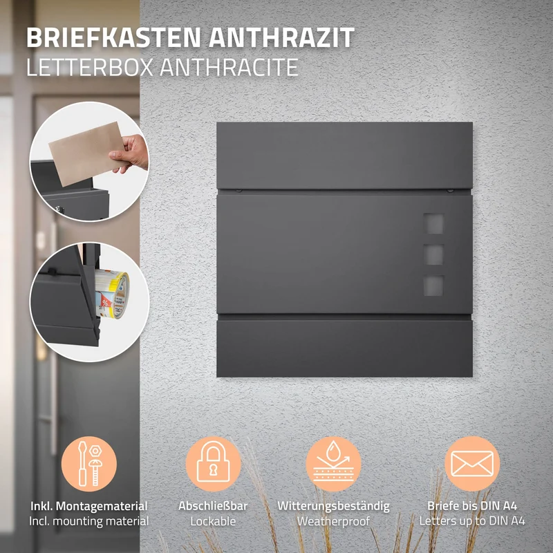 Standbriefkasten mit Zeitungsfach 37 cm Anthrazit inkl. Ständer 120 cm hoch Silber Briefkasten freistehend