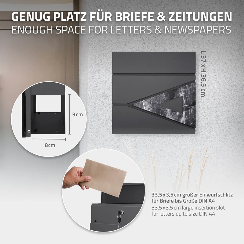 Standbriefkasten mit Zeitungsfach 37x36,5x11 cm Anthrazit/Schwarz-Marmoroptik aus Stahl ML-Design, Modernes Dreieckiges Design, Standhöhe 120 cm Silber