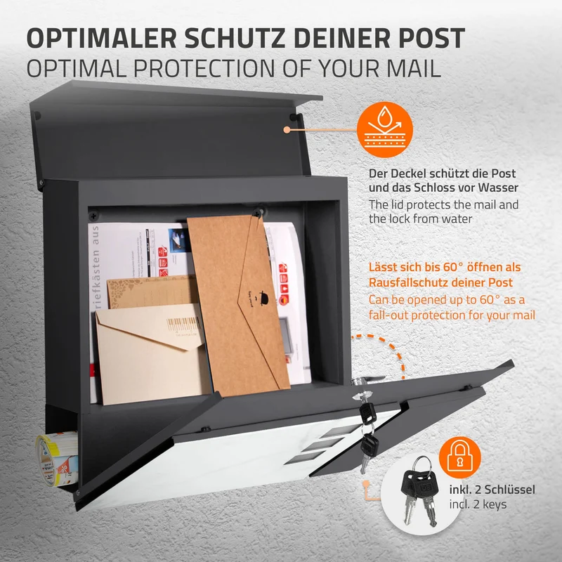 Standbriefkasten mit Zeitungsfach 37x36,5x11 cm Anthrazit/Weiß-Marmoroptik aus Stahl ML-Design, Modernes Asymetrisches Design, Standhöhe 120 cm Anthrazit