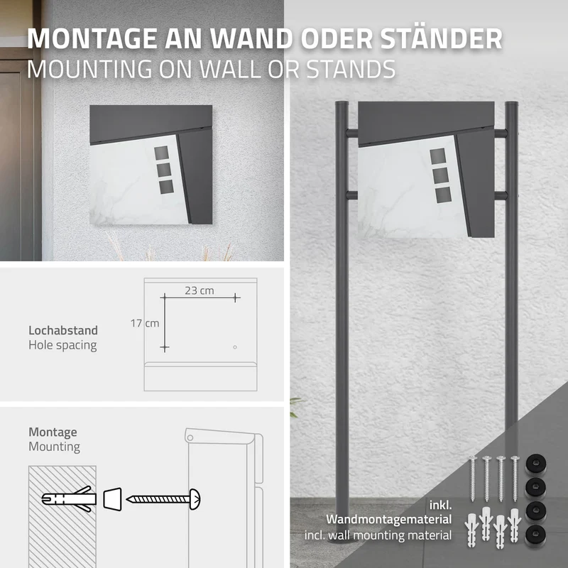 Standbriefkasten mit Zeitungsfach 37x36,5x11 cm Anthrazit/Weiß-Marmoroptik aus Stahl ML-Design, Modernes Asymetrisches Design, Standhöhe 120cm Anthrazit Doppelfuß