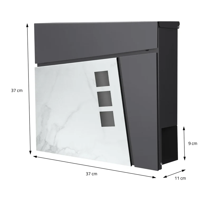 Standbriefkasten mit Zeitungsfach 37x36,5x11 cm Anthrazit/Weiß-Marmoroptik aus Stahl ML-Design, Modernes Asymetrisches Design, Standhöhe 120cm Anthrazit Doppelfuß
