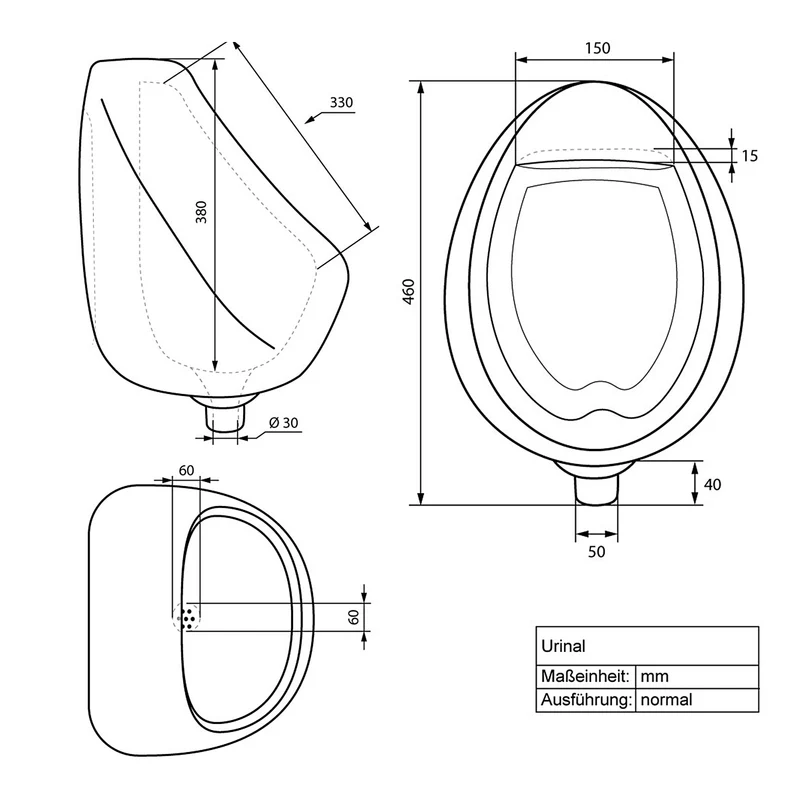 Urinal Pissoir aus Keramik mit Zulauf von Hinten inkl. Absaug Siphon Luxebath