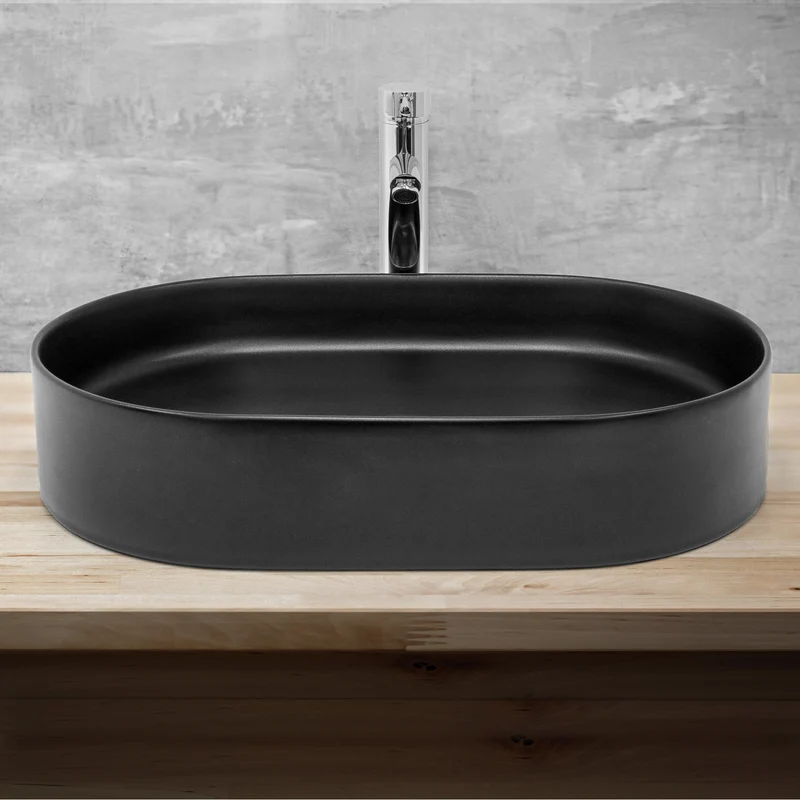 Waschbecken Oval ohne Überlauf 61x39,5x12,5 cm Schwarz aus Keramik ML-Design