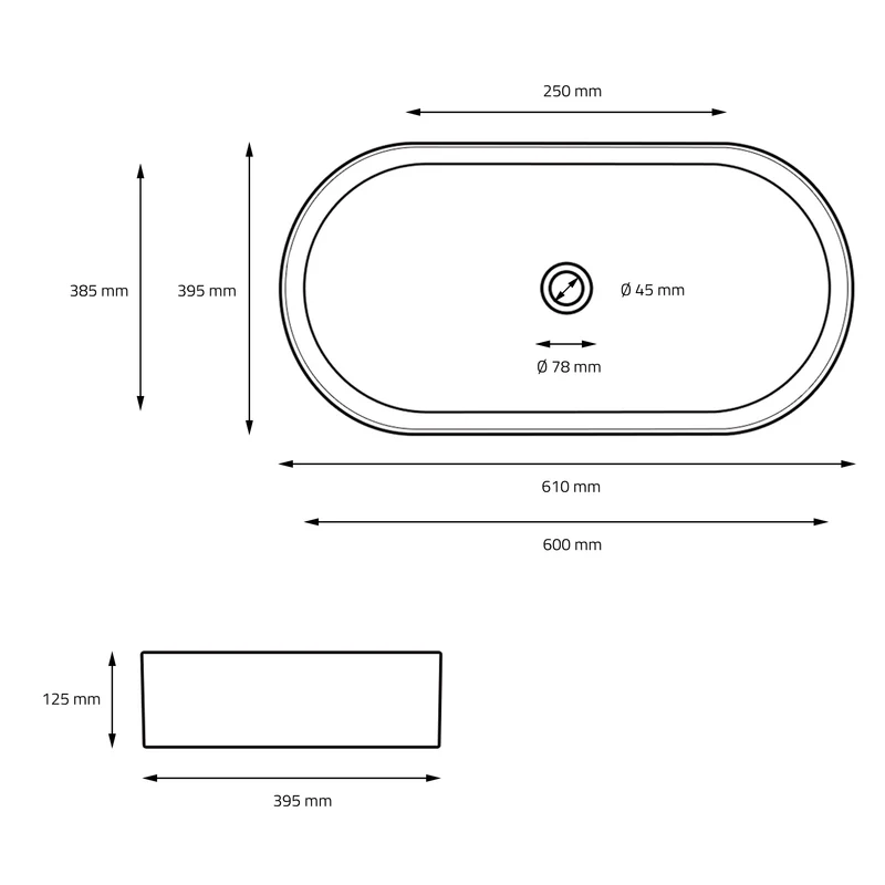 Waschbecken Oval ohne Überlauf 61x39,5x12,5 cm Schwarz aus Keramik ML-Design