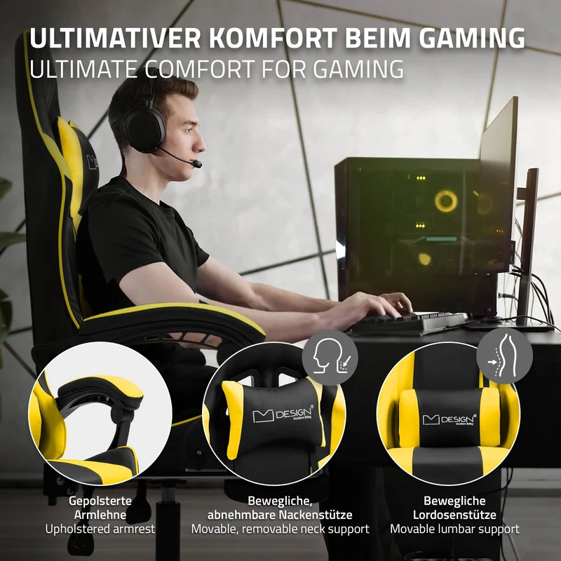 Massage Gaming Stuhl Schwarz/Gelb aus PU-Leder ML-Design
