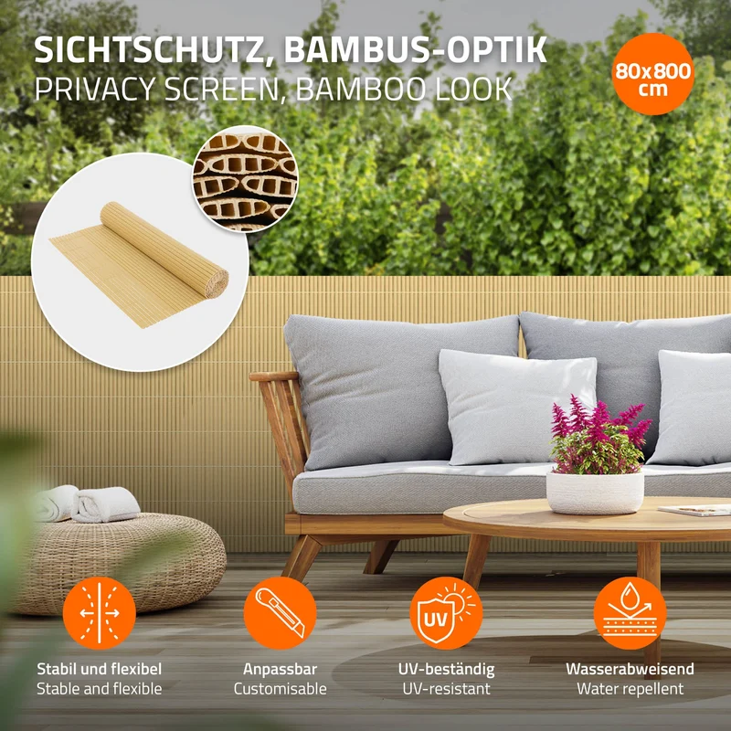 Sichtschutzmatte 80x800 cm Sichtschutzzaun Windschutz Balkonschutz PVC Bambus UV-beständig