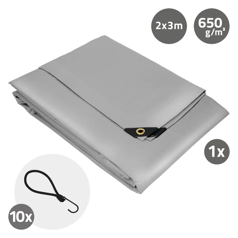 Abdeckplane mit Ösen 2x3 m 650 g/m² mit 10 Spanngummis Grau aus PVC