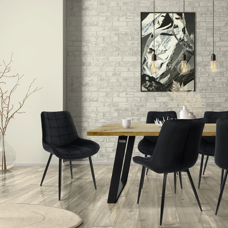 Esszimmerstuhl 2er Set Quadrat Steppung Schwarz Samtbezug mit Metallbeinen inkl. Montagematerial ML-Design