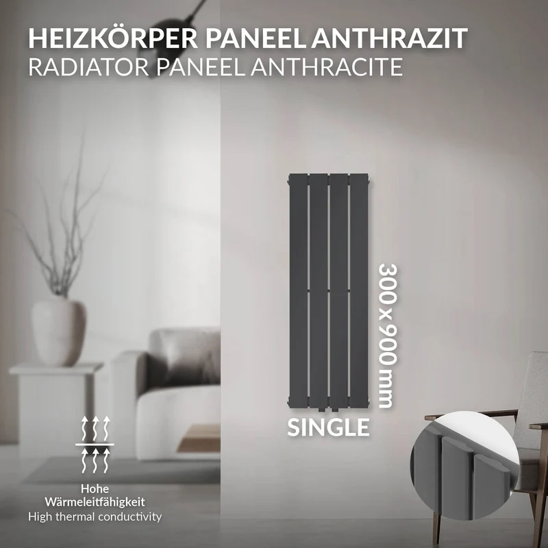 Badheizkörper Einlagig Vertikal 900x300 mm Anthrazit mit Mittelanschluss LuxeBath