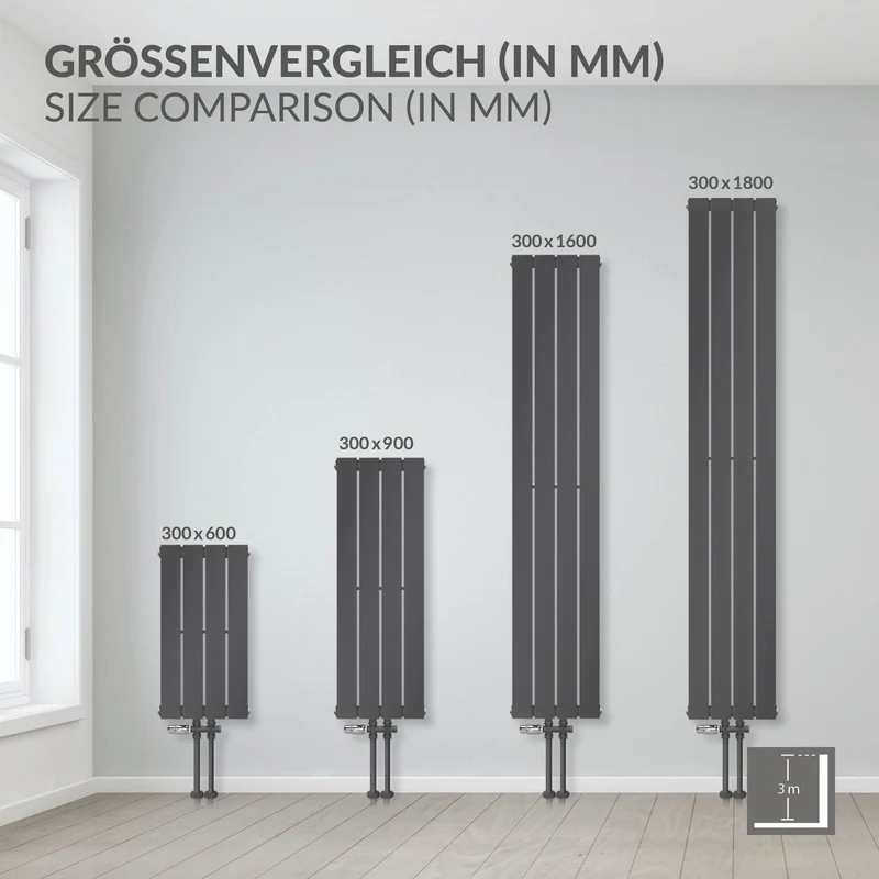 Badheizkörper Einlagig Vertikal 900x300 mm Anthrazit mit Mittelanschluss LuxeBath
