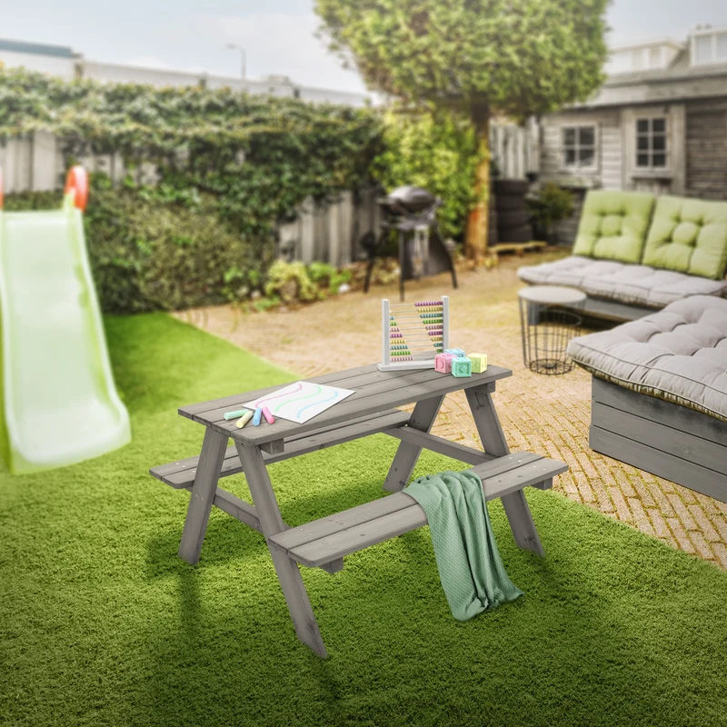 Kindersitzgarnitur Picknicktisch für 4 Kinder Grau aus Massivholz ab 2 Jahren Spielsitzgruppe draußen ML-Design