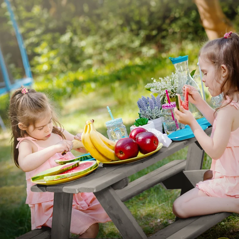 Kindersitzgarnitur Picknicktisch für 4 Kinder Grau aus Massivholz ab 2 Jahren Spielsitzgruppe draußen ML-Design