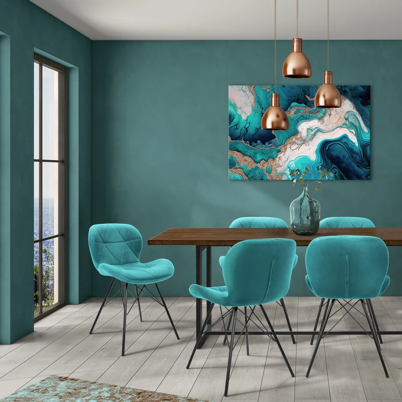 Esszimmerstühle mit Rückenlehne 2er Set Türkis Samtbezug mit Metallbeinen ML-Design