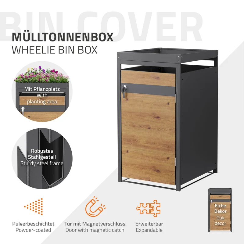 Mülltonnenbox mit Pflanzdach 1er bis 240L 68x80x124 cm aus Stahl in Eichenoptik ML-Design