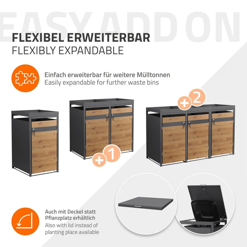 Mülltonnenbox mit Pflanzdach 1er bis 240L 68x80x124 cm aus Stahl in Eichenoptik ML-Design