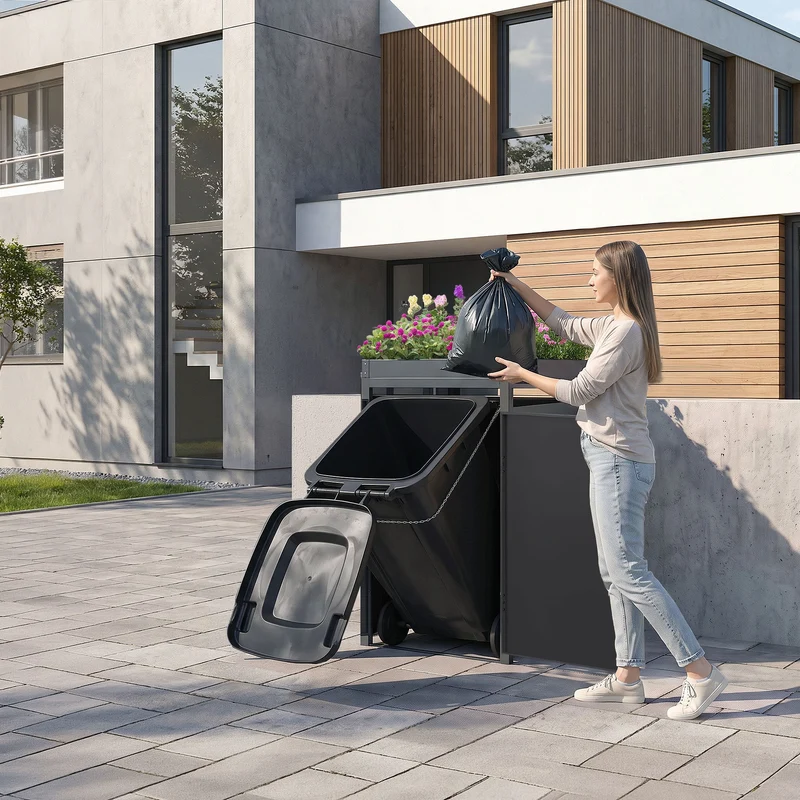Mülltonnenbox mit Pflanzdach 1er bis 240L 68x80x124 cm aus Stahl in Eichenoptik ML-Design
