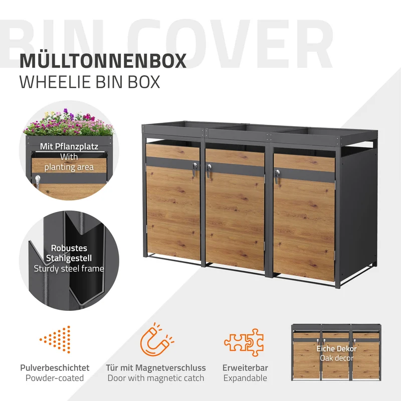 Mülltonnenbox mit Pflanzdach 3er bis 240L 200x80x124 cm aus Stahl in Eichenoptik ML-Design