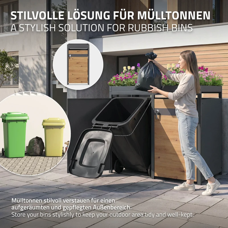 Mülltonnenbox mit Pflanzdach 3er bis 240L 200x80x124 cm aus Stahl in Eichenoptik ML-Design