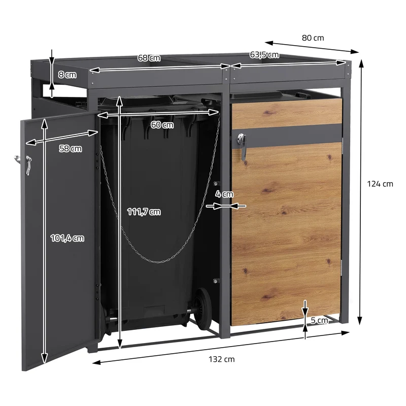 Mülltonnenbox mit Pflanzdach 3er bis 240L 200x80x124 cm aus Stahl in Eichenoptik ML-Design