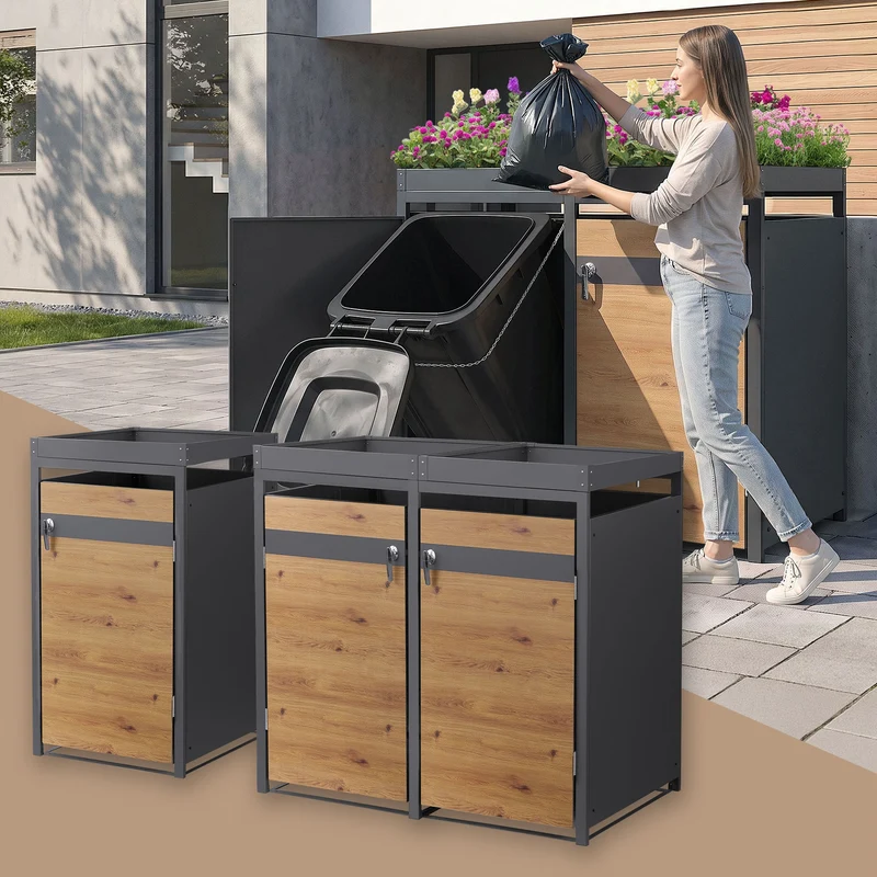 Mülltonnenbox mit Pflanzdach 3er bis 240L 200x80x124 cm aus Stahl in Eichenoptik ML-Design