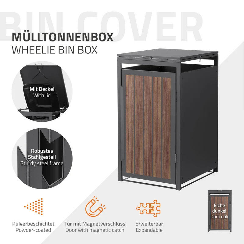 Mülltonnenbox 1er bis 240 Liter 68x80x120 cm aus Stahl in Anthrazit-Eiche dunkel ML-Design