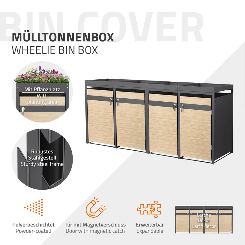 Mülltonnenbox mit Pflanzdach 4er bis 240L 264x80x124 cm aus Stahl in Lärchenoptik ML-Design