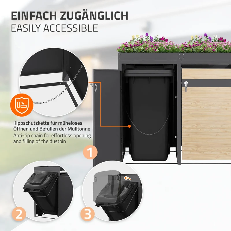 Mülltonnenbox mit Pflanzdach 4er bis 240L 264x80x124 cm aus Stahl in Lärchenoptik ML-Design