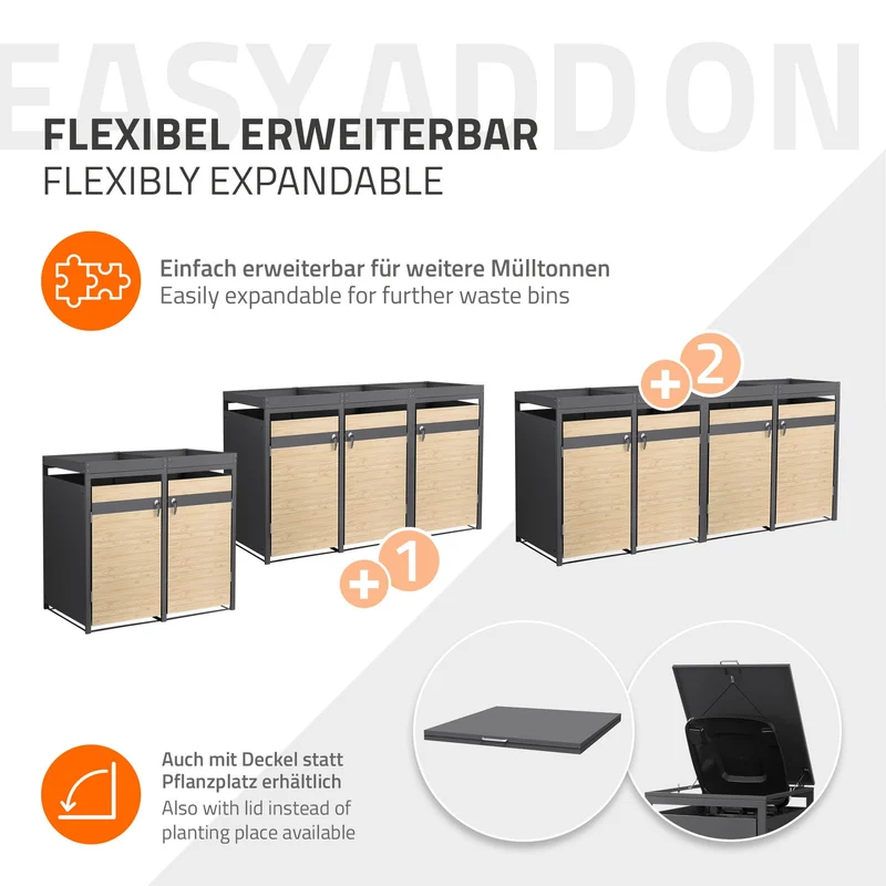 Mülltonnenbox mit Pflanzdach 4er bis 240L 264x80x124 cm aus Stahl in Lärchenoptik ML-Design
