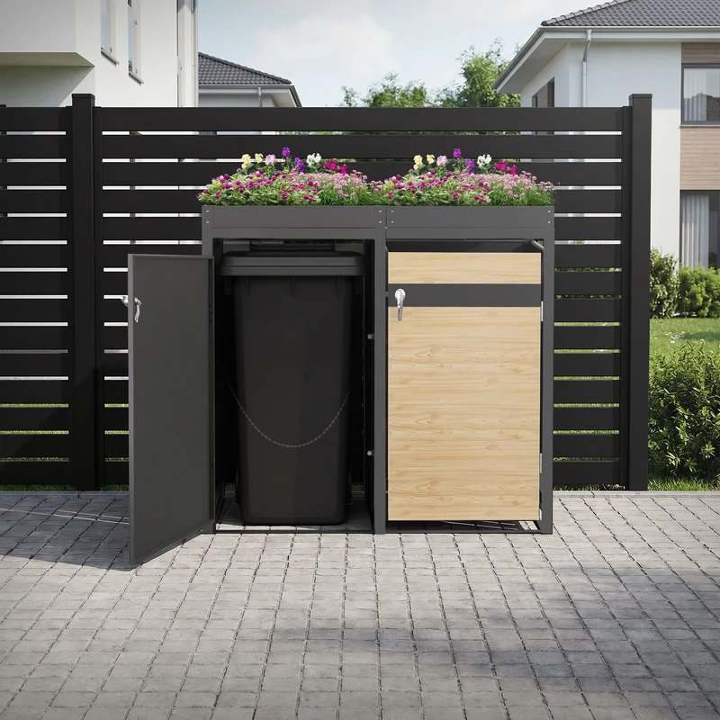 Mülltonnenbox mit Pflanzdach 4er bis 240L 264x80x124 cm aus Stahl in Lärchenoptik ML-Design