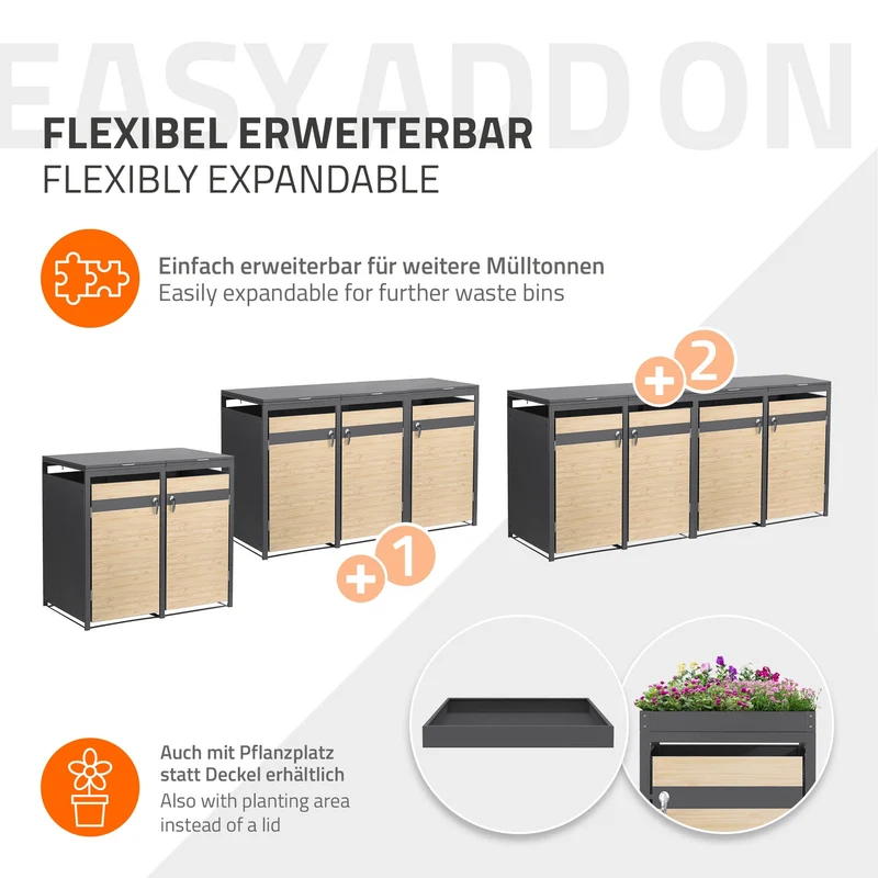 Mülltonnenbox 4er bis 240L 264x80x120 cm aus Stahl in Lärchenoptik ML-Design