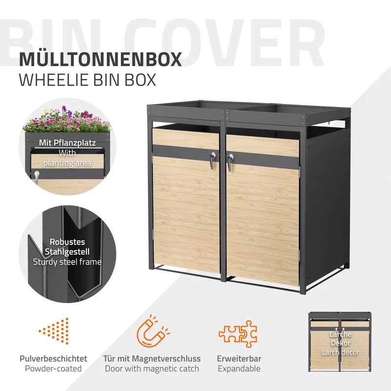 Mülltonnenbox mit Pflanzdach 2er bis 240L 132x80x124 cm aus Stahl in Lärchenoptik ML-Design