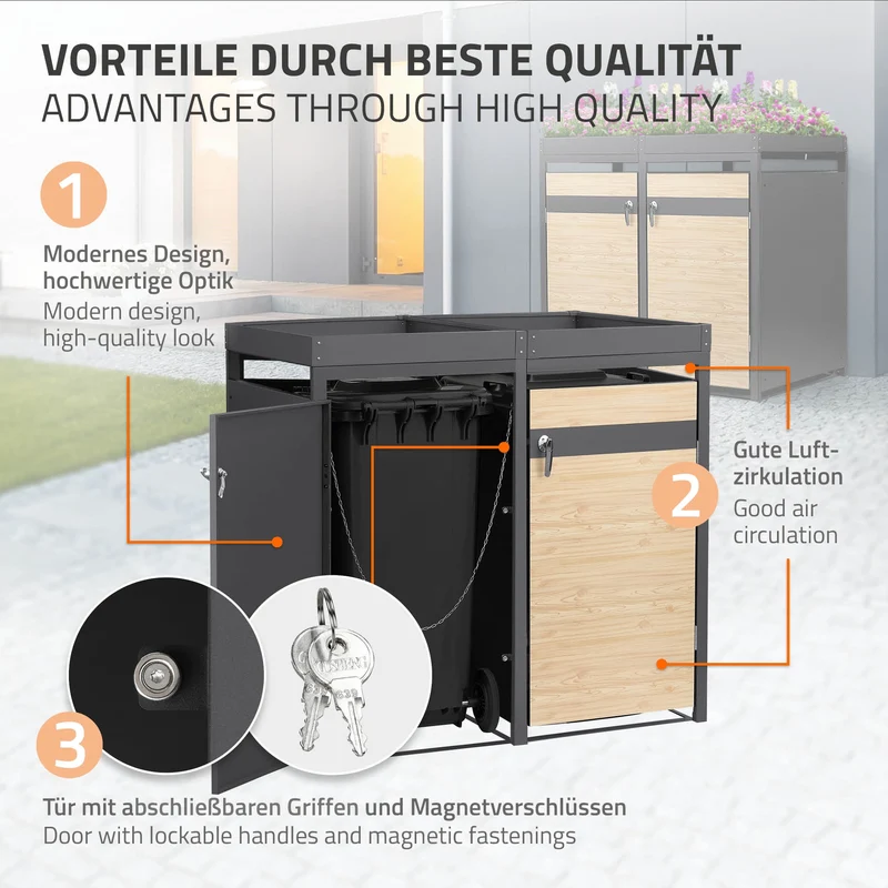 Mülltonnenbox mit Pflanzdach 2er bis 240L 132x80x124 cm aus Stahl in Lärchenoptik ML-Design