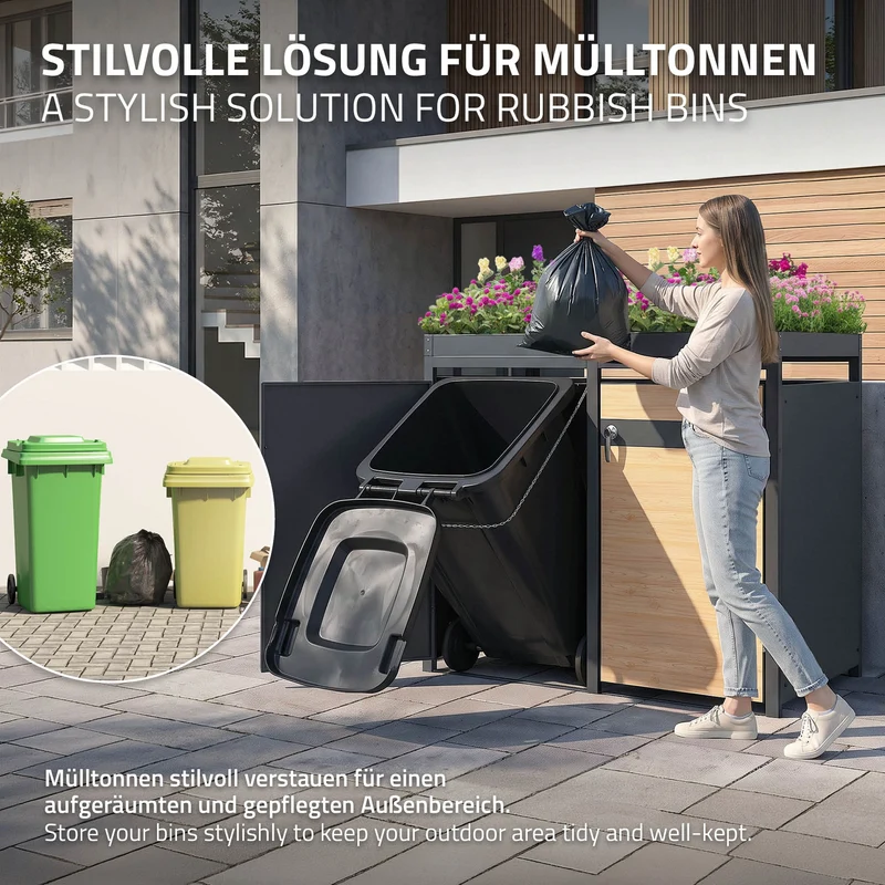 Mülltonnenbox mit Pflanzdach 2er bis 240L 132x80x124 cm aus Stahl in Lärchenoptik ML-Design