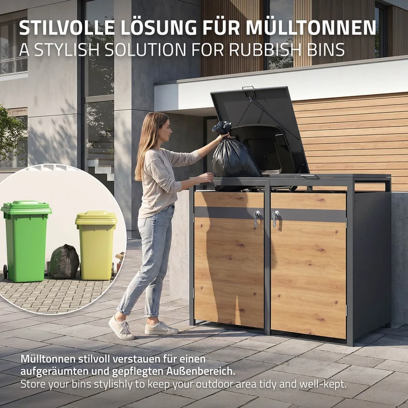 Mülltonnenbox 2er bis 240L 132x80x120 cm aus Stahl in Eichenoptik ML-Design