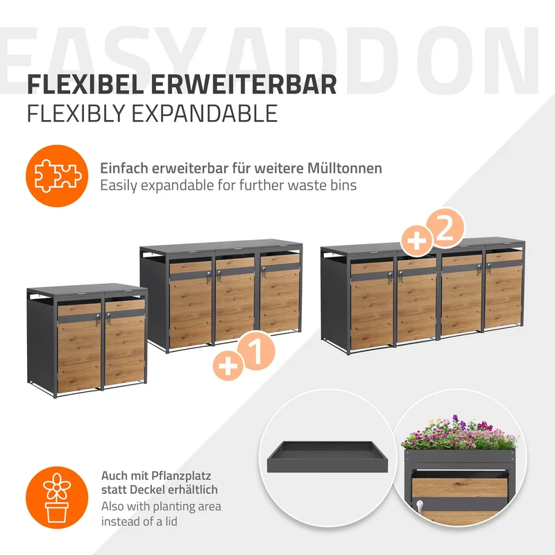 Mülltonnenbox 2er bis 240L 132x80x120 cm aus Stahl in Eichenoptik ML-Design