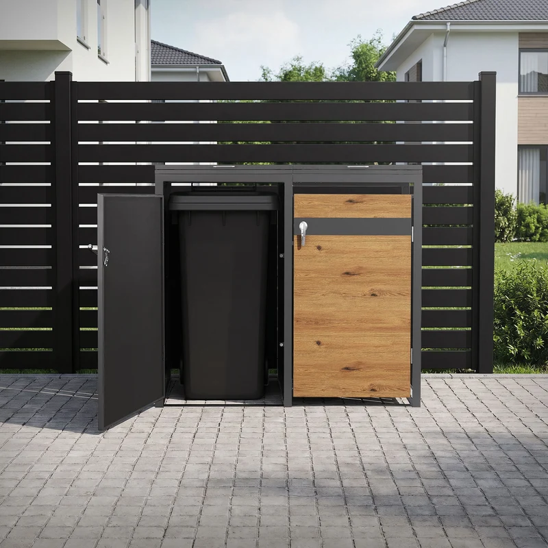 Mülltonnenbox 2er bis 240L 132x80x120 cm aus Stahl in Eichenoptik ML-Design