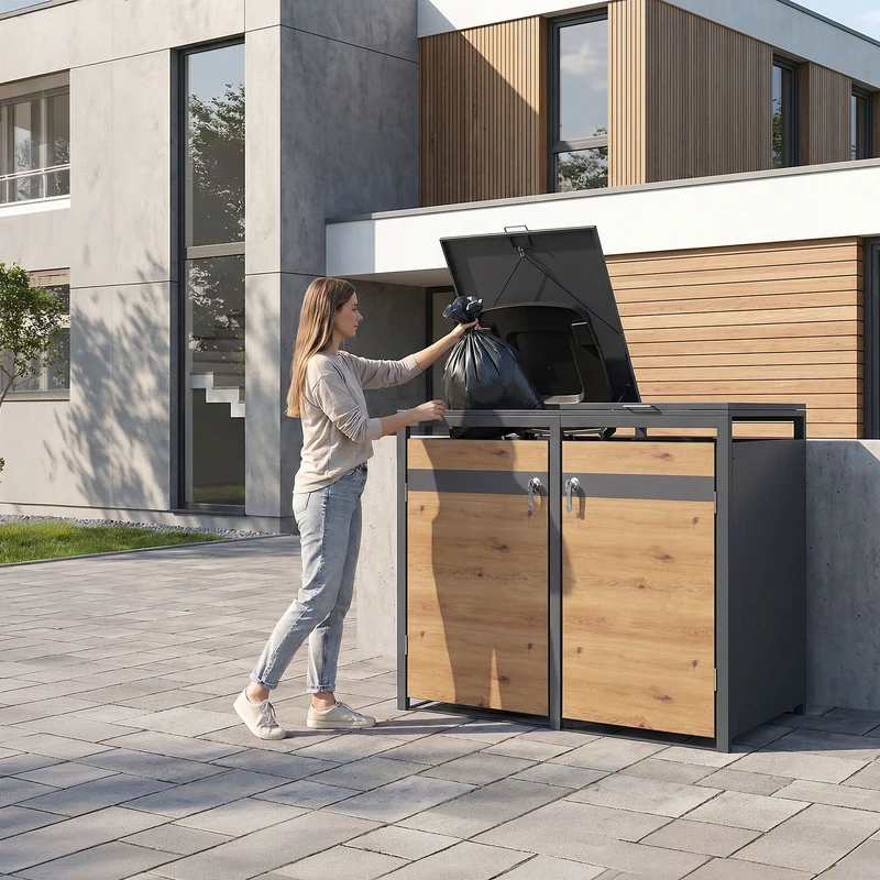 Mülltonnenbox 2er bis 240L 132x80x120 cm aus Stahl in Eichenoptik ML-Design