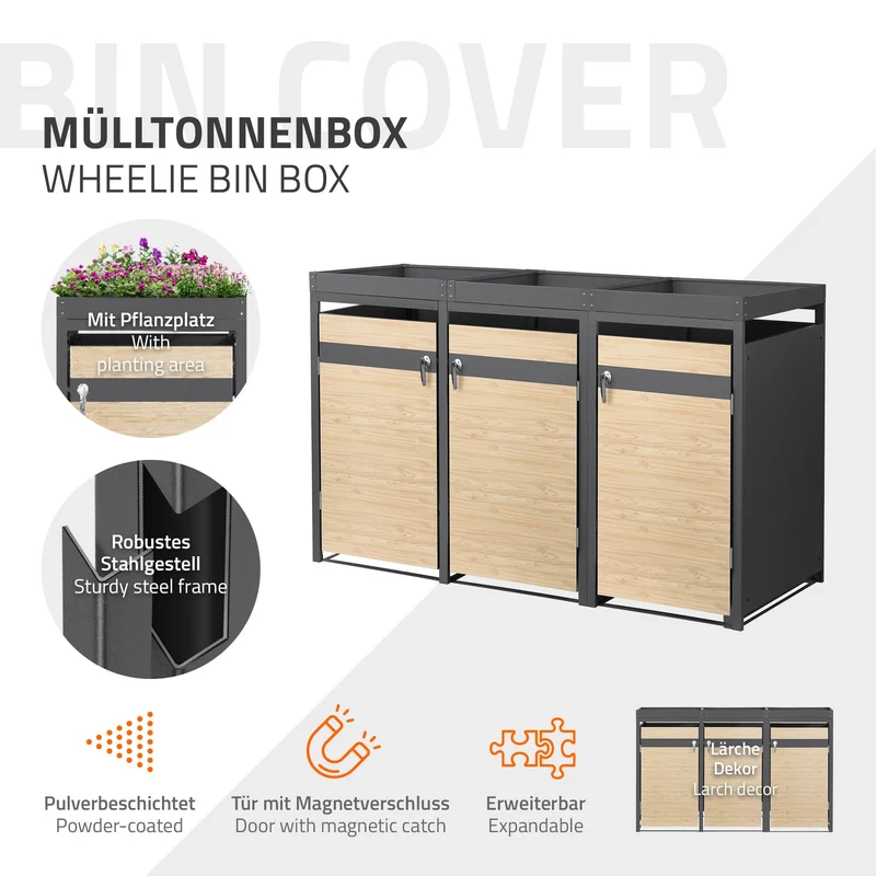 Mülltonnenbox mit Pflanzdach 3er bis 240L 200x80x124 cm aus Stahl in Lärchenoptik ML-Design