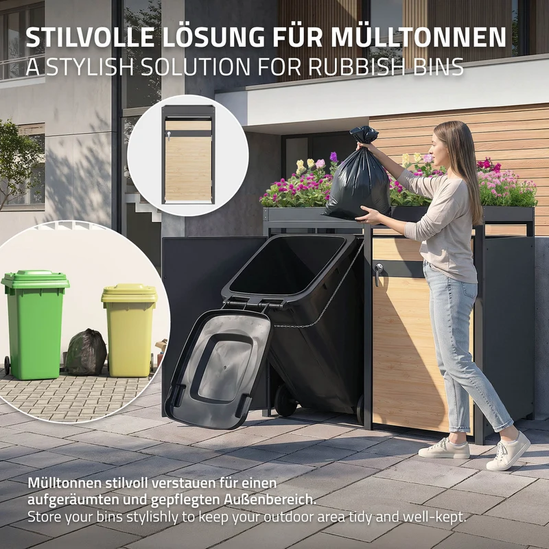 Mülltonnenbox mit Pflanzdach 3er bis 240L 200x80x124 cm aus Stahl in Lärchenoptik ML-Design