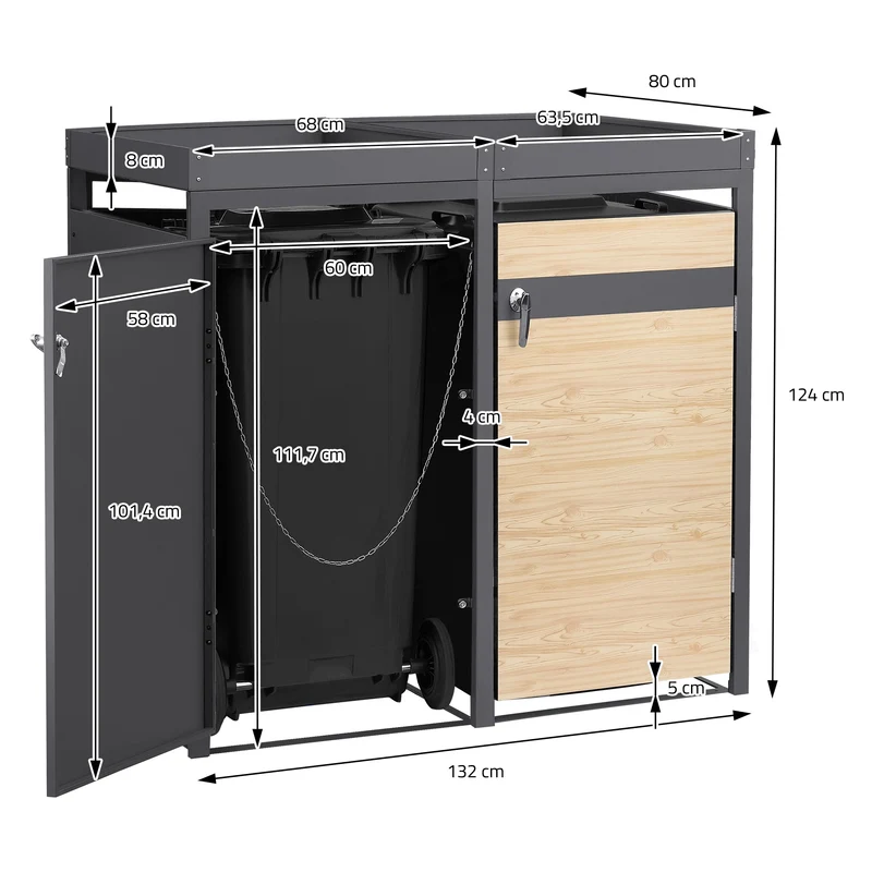 Mülltonnenbox mit Pflanzdach 3er bis 240L 200x80x124 cm aus Stahl in Lärchenoptik ML-Design