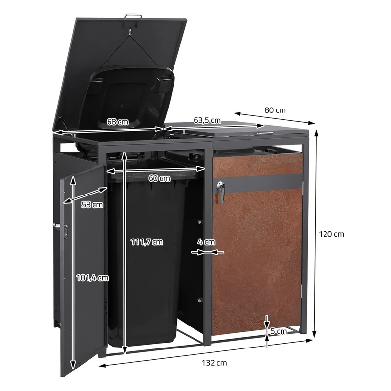 Mülltonnenbox 4er bis 240L 264x80x120 cm aus Stahl in Rostoptik ML-Design