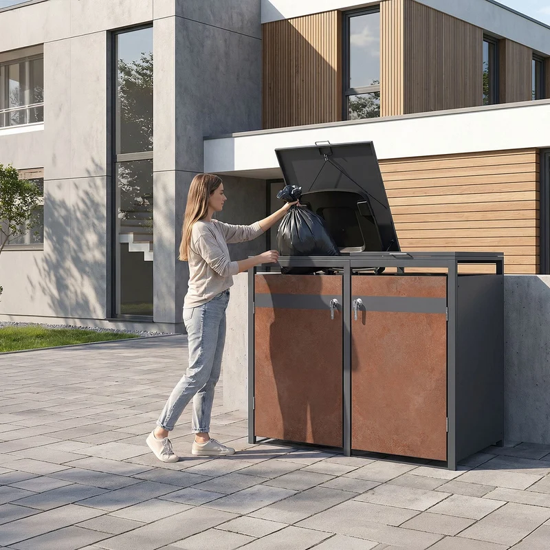 Mülltonnenbox 4er bis 240L 264x80x120 cm aus Stahl in Rostoptik ML-Design