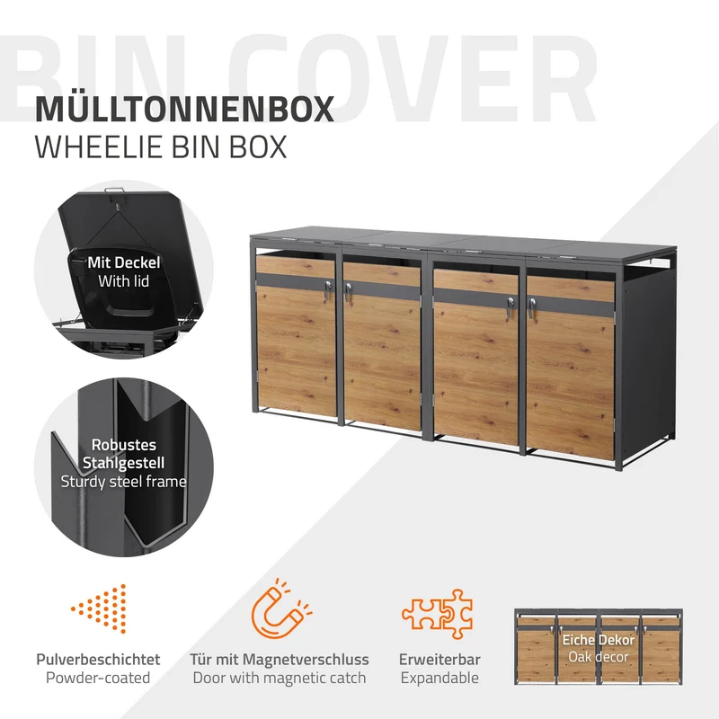 Mülltonnenbox 4er bis 240L 264x80x120 cm aus Stahl in Eichenoptik ML-Design
