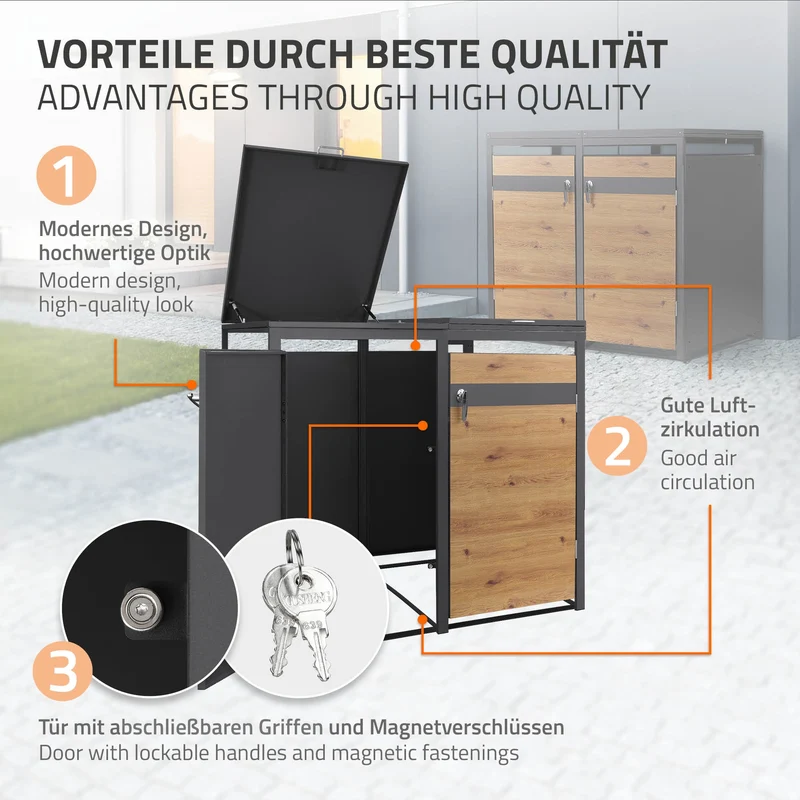 Mülltonnenbox 4er bis 240L 264x80x120 cm aus Stahl in Eichenoptik ML-Design