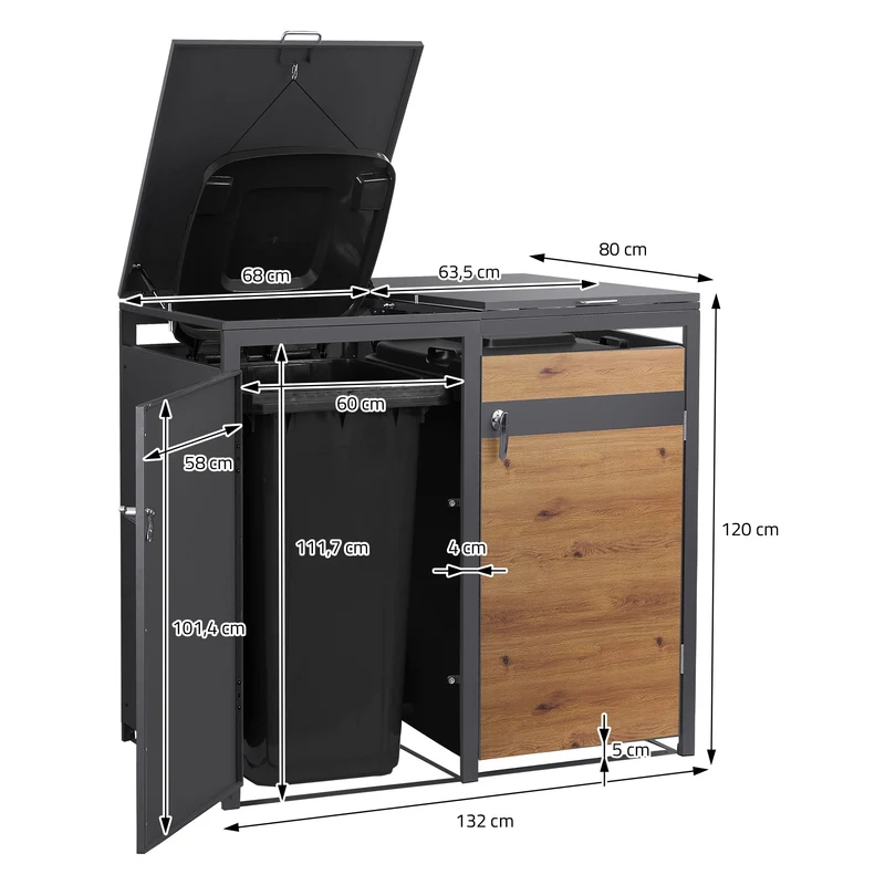 Mülltonnenbox 4er bis 240L 264x80x120 cm aus Stahl in Eichenoptik ML-Design