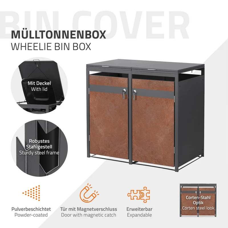 Mülltonnenbox 2er bis 240L 132x80x120 cm aus Stahl in Rostoptik ML-Design