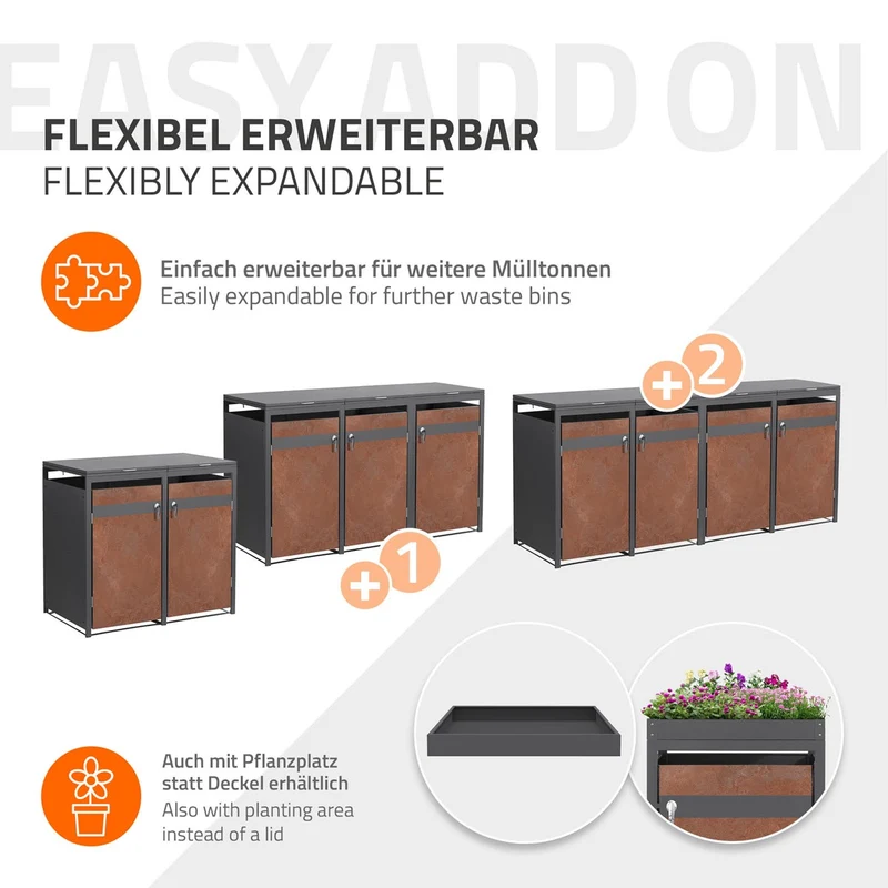 Mülltonnenbox 2er bis 240L 132x80x120 cm aus Stahl in Rostoptik ML-Design