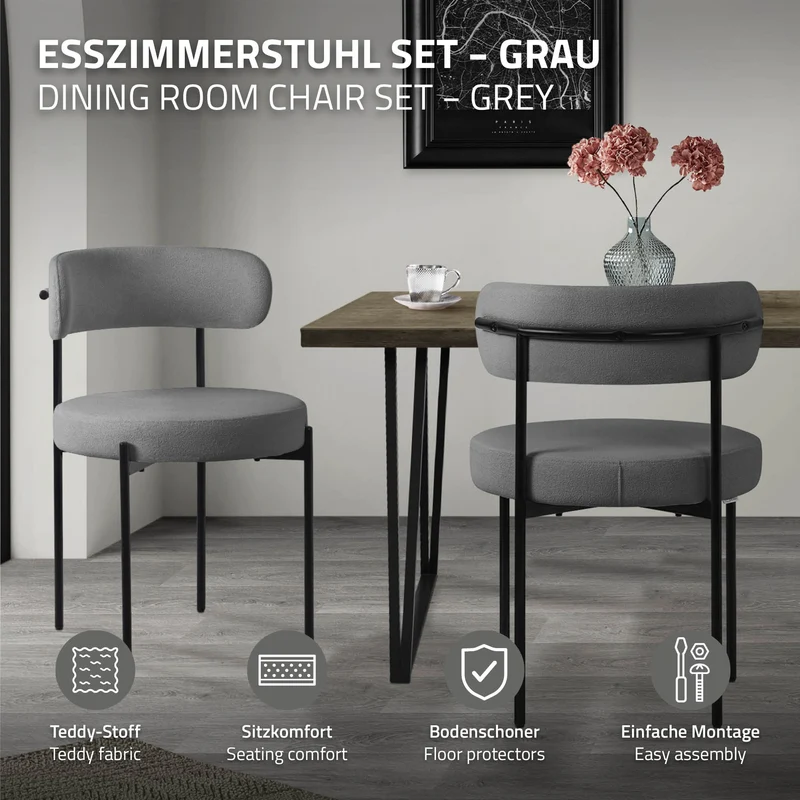 Esszimmerstuhl 6er Set mit Teddystoff mit Rückenlehne Grau Küchenstuhl ML-Design